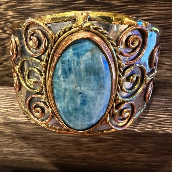 Artisan-Made 2-inch Wide Cuff Bracelet with Apatite Stone and Mixed Metals, Adj - Picture 1 of 12